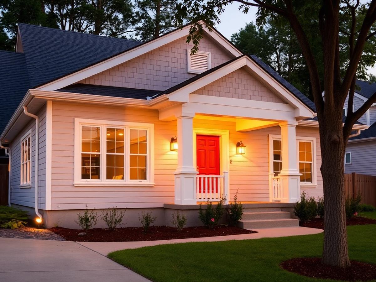 Freshly painted craftsman home exterior at golden hour