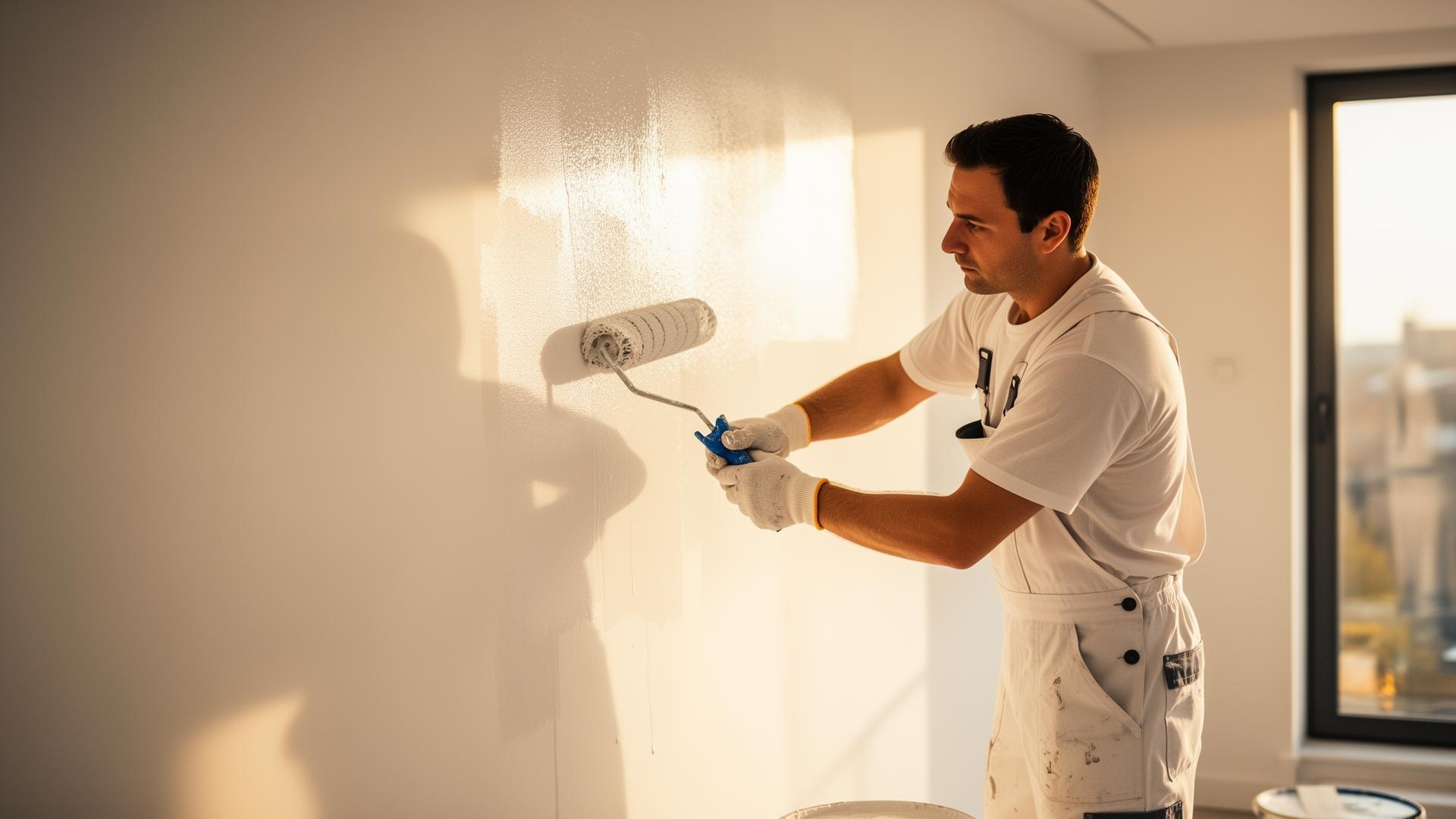 Professional painter rolling fresh paint on interior wall